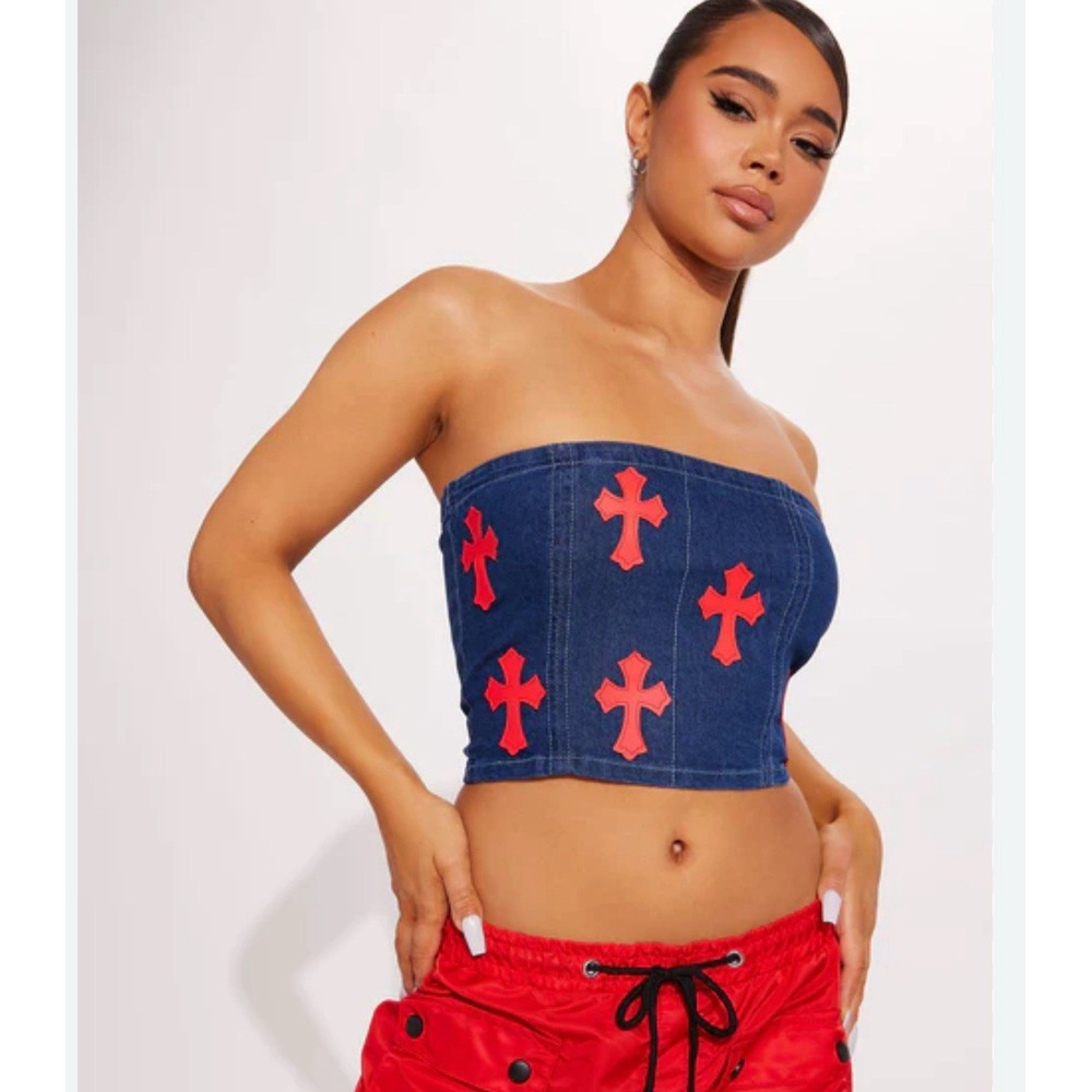 Denim Tube Top Size M Strapless Red Cross Appliqué Y2K Streetwear Festival Rave